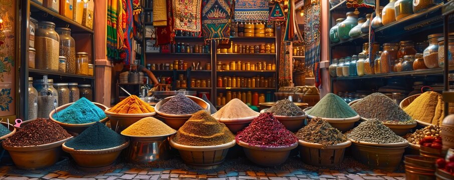 Exotic bazaar filled with colorful spices and textiles, 4K hyperrealistic photo