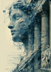 Futuristic Fusion of Technology and Classical Art Elements with Holographic and Data Stream Effects