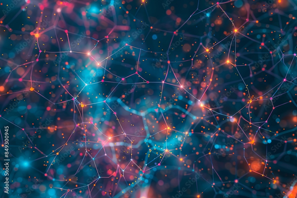 Poster An abstract representation of a neural network with nodes and connections, illustrating the data processing and learning capabilities of AI. Generative AI