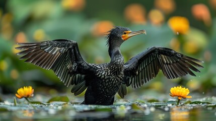 Obraz premium Cormorant with Spread Wings on Water