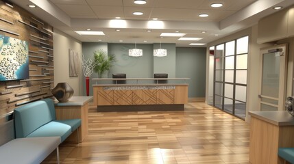 Fototapeta premium Modern reception area with wooden floors and seating.