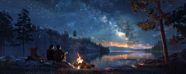 Friends roasting marshmallows over a campfire by a lake, starry night, 4K hyperrealistic photo.