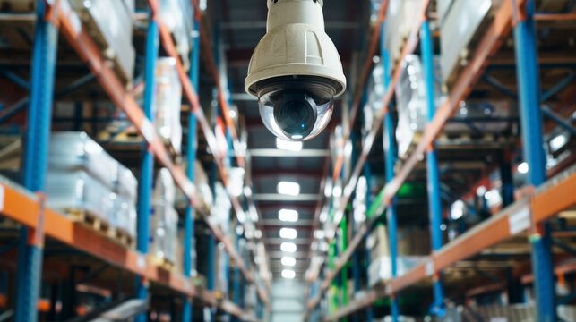 A warehouse with CCTV cameras monitoring the storage and movement of goods, enhancing security and inventory management