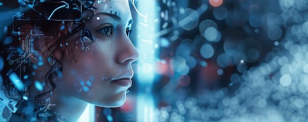 Futuristic cybernetic portrait, blending human features with digital enhancements and futuristic elements, hyperrealistic 4K photo.