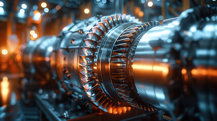 Close-up view of an industrial turbine in a factory setting The intricate blades and metal components are meticulously detailed in this image