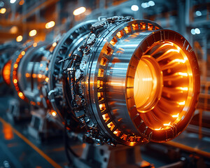 Close-up view of an industrial gas turbine engine in a factory setting, highlighting its components and inner structure with dramatic lighting