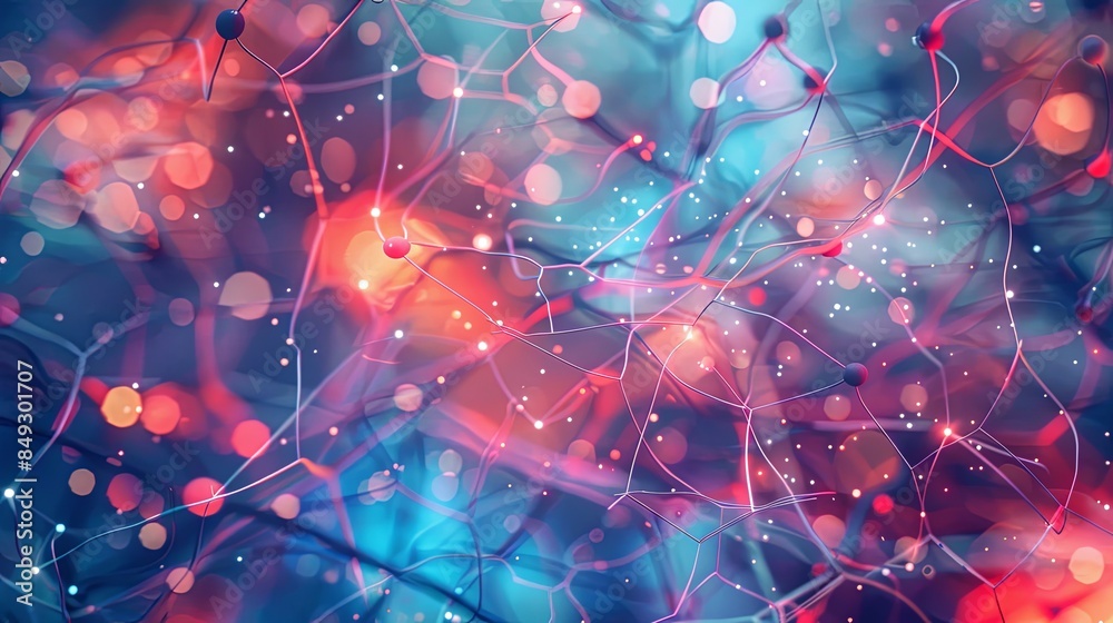 Poster A colorful, abstract illustration representing a neural network with connected nodes. Generative AI