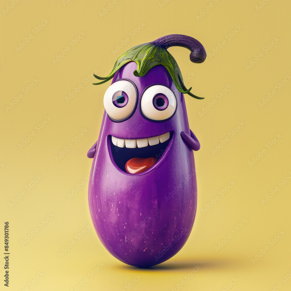 Canvas Prints Cute Cartoon Eggplant Vegetable Character with Big Eyes