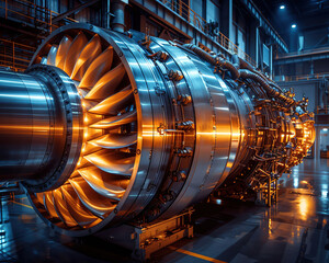 Close-up view of an industrial gas turbine engine in a factory setting, highlighting its components and inner structure with dramatic lighting
