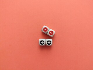 Plus and minus icons on wooden cubes. Negative separate from positive. Customer negative and positive feedback. business concept