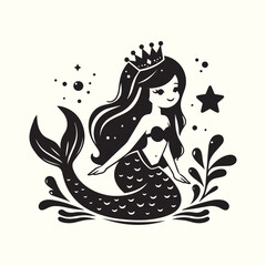 Black and white princes mermaid silhouette vector illustration