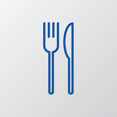 Restaurant, fork knife simple icon. Flat design. Paper cut design. Cutted blue symbol with shadow. Gray background