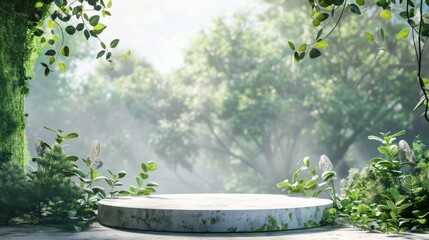 Serene forest glade with stone platform and foliage