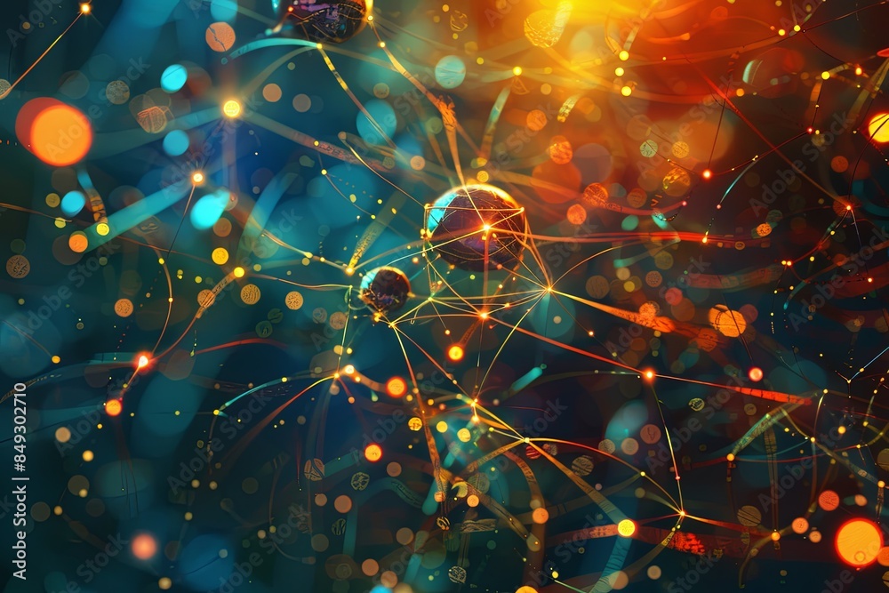 Aufkleber A stylized representation of a neural network, showcasing interconnected nodes and lines to symbolize the complex processes involved in AI data processing and learning. Generative AI