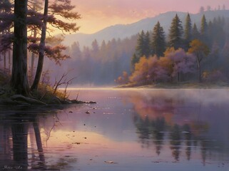 Fototapeta premium An ethereal dawn breaking over a tranquil mountain lake. The sky is painted in soft hues of pink and lavender, reflecting in the calm waters below