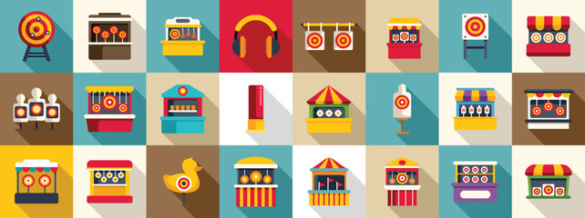 shooting gallery icons set. Collection of colorful icons depicting shooting range attractions at amusement park or carnival