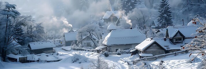 snowy village surrounded by trees, with a white building and roof in the foreground, and a snow - covered tree in the background