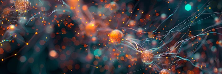 An abstract image depicting a neural network with nodes and connections, showcasing the data processing and learning capabilities of artificial intelligence. Generative AI