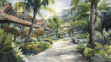 Fototapeta premium Elegant spa resort nestled in a lush tropical garden, serene ambiance, watercolor, soft and calming colors