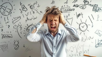 Frustrated man holding his head in front of a messy whiteboard full of drawings and notes. A depiction of stress in a creative or professional setting. Ideal for concepts of stress, burnout