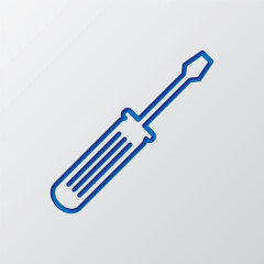 Screwdriver simple icon vector. Flat design. Paper cut design. Cutted blue symbol with shadow. Gray background