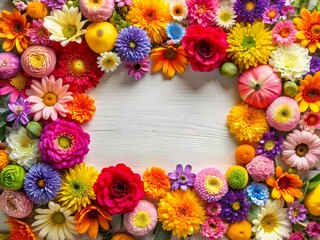 Vibrant Floral Frame Of Colorful Flowers And Fruit On Whitewashed Wooden Background