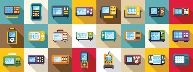 Oscillograph icons set. Colorful set of electronic test equipment illustrations featuring oscilloscopes showing signal waveforms