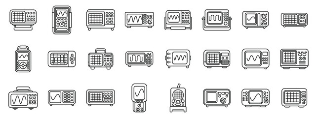 Oscillograph icons set. Large set of oscilloscope icons featuring different types of digital measurement devices for electronic engineers working in telecommunications industry