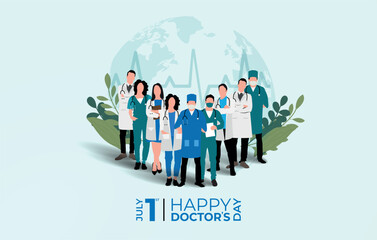 Doctors day. Group of Doctors standing on globe with heart beat line green leaf background.1st July. Medical health care banner design with doctor, stethoscope.
