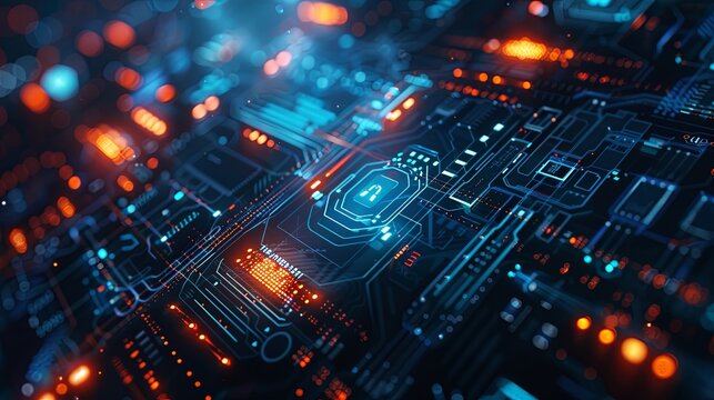 An abstract digital illustration of a futuristic cybersecurity network protected by AI algorithms. Generative AI