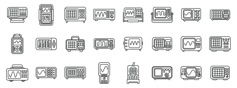 Oscillograph icons set. Large set of oscilloscope icons featuring different types of digital measurement devices for electronic engineers working in telecommunications industry