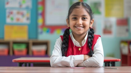 Smiling Indian Elementary School Girl with Braided Hair Sitting at a Desk in Classroom Setting