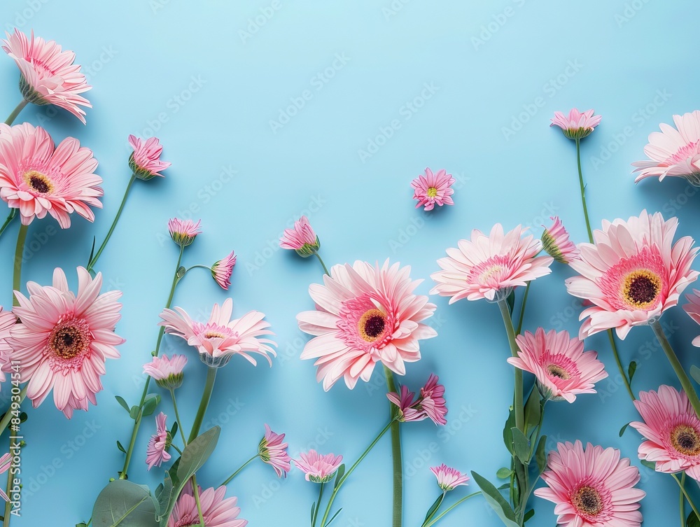 Sticker Pink gerbera flowers stylishly arranged on a blue background offer a fresh and floral wallpaper or background for best-selling illustrations