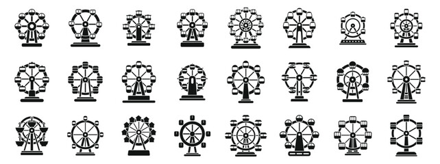 Ferris wheel icons set. Set of ferris wheel silhouette icons showing different observation wheels rotating for panoramic cityscape viewing