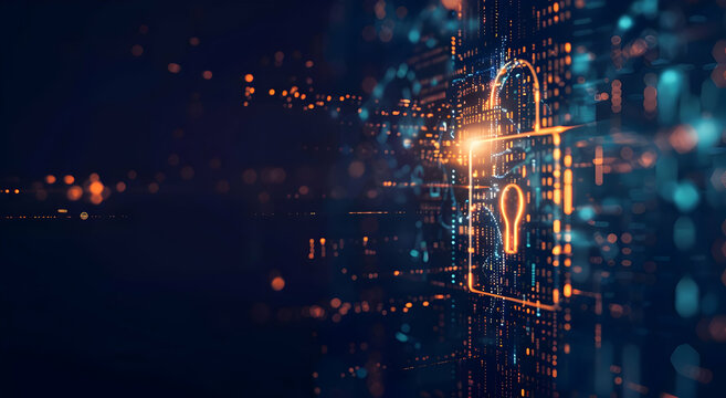A glowing padlock icon in a digital space, representing cybersecurity, data protection, and privacy.