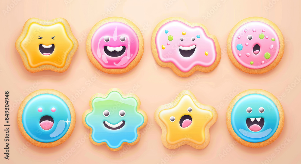 Wall mural A set of cute and colorful cookies with happy faces, each one in different colors and shapes, arranged on two contrasting backgrounds.