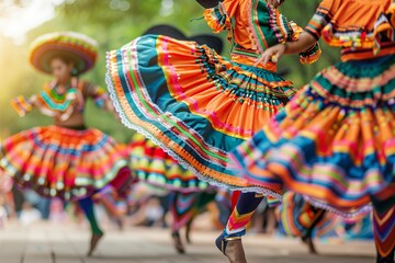 Colorful traditional Mexican dancers in motion, with a lively abstract feel, make for an exuberant...