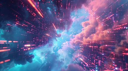 Fototapeta premium An abstract visualization of cloud computing with digital elements representing data processing and AI operations in the cloud. Generative AI