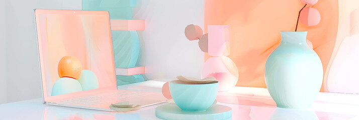 Minimalistisches Ambiente mit modernen architektonischen Elementen. Das Design betont klare Linien und eine einfache, aufger&auml;umte &Auml;sthetik mit sanften Pastellfarben.