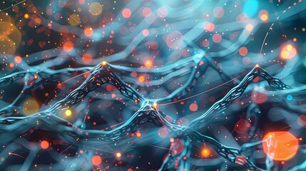 An abstract visual representation of a neural network, showcasing its complex interconnected nodes and connections, highlighting the power of AI in data processing and learning. Generative AI