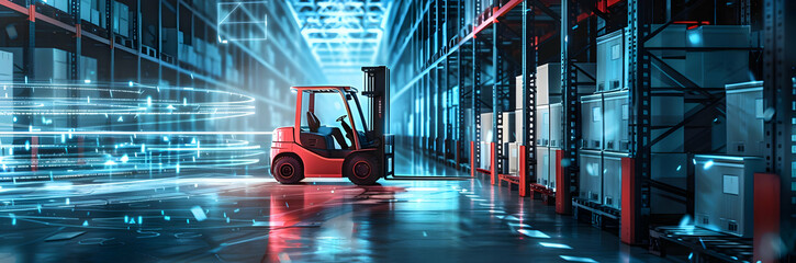 Forklift in a futuristic warehouse with blue lighting.