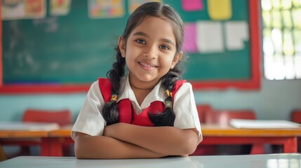 Smiling Bangladeshi Elementary School Girl with Braided Hair in Classroom Setting, Educational Concept