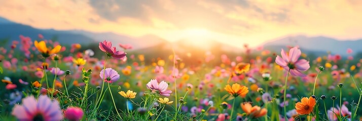 sunrise over a flower field with a variety of colorful flowers, including pink, purple, yellow, and orange blooms, set against a mountain backdrop
