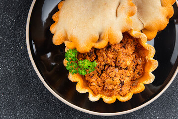 seafood pie dish fresh cooking appetizer meal food snack on the table copy space food background...