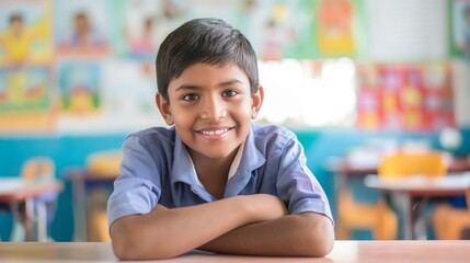 Cheerful Indian Elementary School Boy in Classroom, Education, Youthfulness, Diversity, Learning Environment