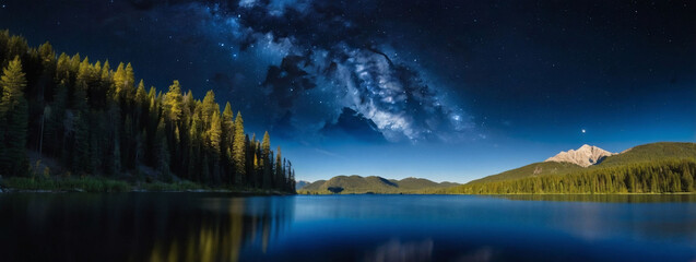 D art, mountains, lake, starry night scene.