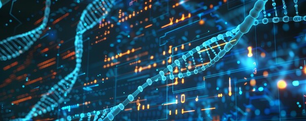 Obraz premium A digital interface showing bioinformatics data and genetic sequences, tech, blue tones, high resolution, genomic analysis