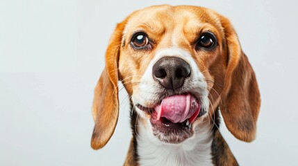 Close-up of adorable dog with tongue out. Cute beagle looking at camera. Perfect for pet lovers and animal-themed designs. Suitable for social media and pet-related content. AI