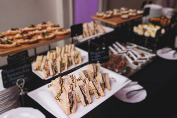Beautifully decorated banquet catering table, with variety of with different food snacks appetizers on corporate birthday party event or wedding celebration, canape, salad, delicatessen setting