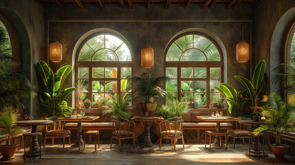 Fototapeta premium modern classic mediterranean restaurant, relaxing feeling photorealistic,